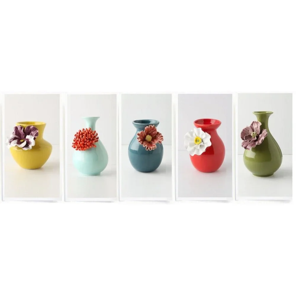 Anthropologie Yellow Ceramic Bud Vase with Purple & White Floral Accent